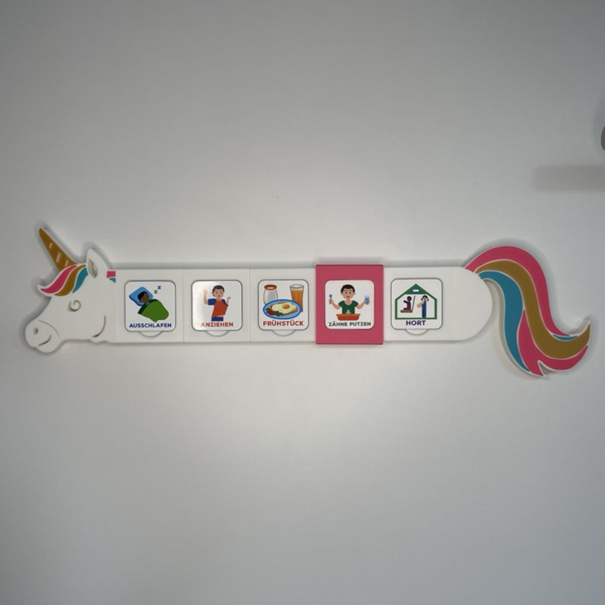 Schiebe - Routineplaner für Kinder im Einhorn Design mit Schiebe-Element von Piktogramm zu Piktogramm – visueller Tagesplan Kinder zur Förderung von Selbstständigkeit und festen Routinen